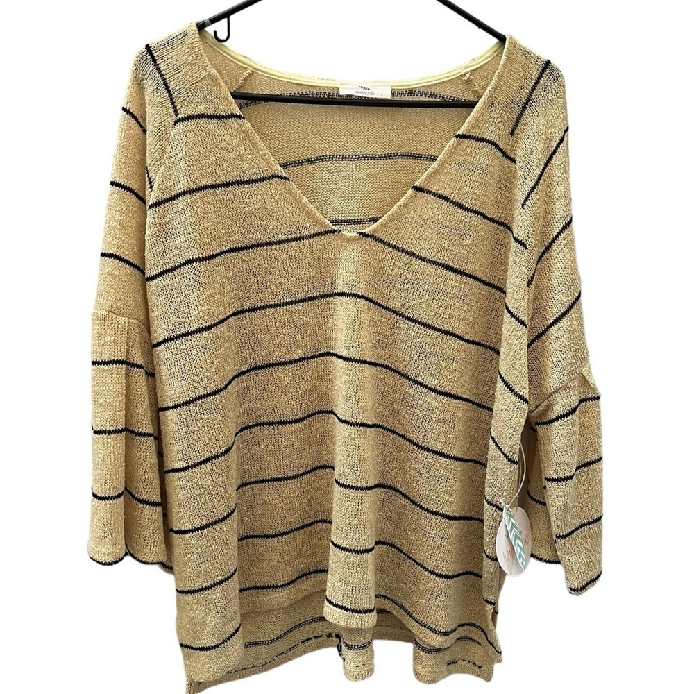 Hummingbird sweater yellow with black stripes ruffle balloon sleeve NWT